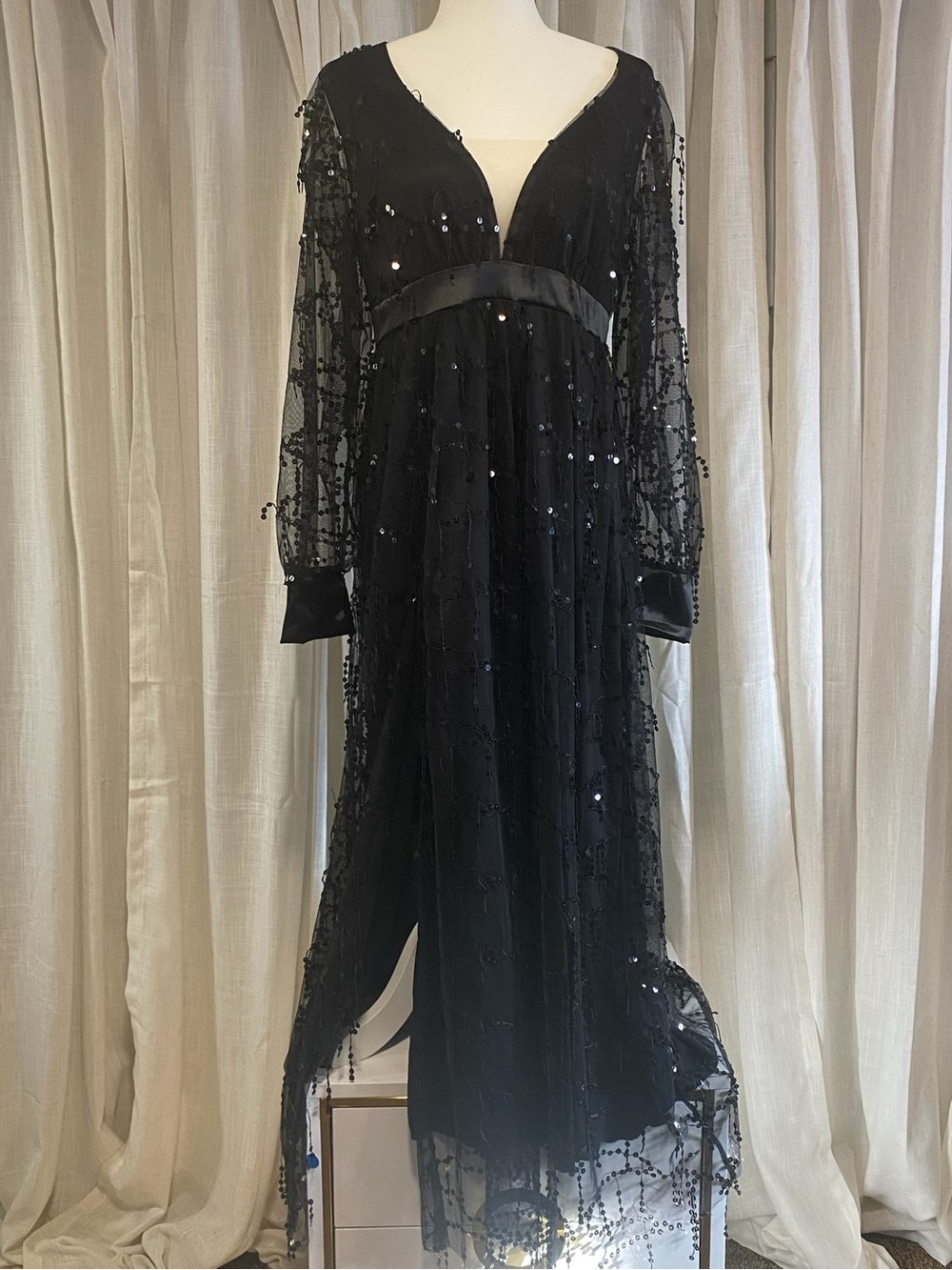 Never worn Black Sequin sheer layered long Dress L